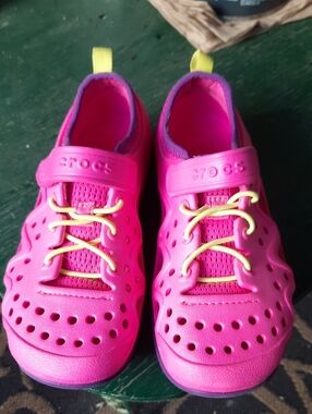 CROCS Kids Pink Water Shoes with Yellow Accents